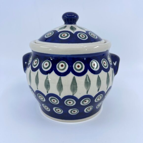 vintage boleslawiec polish pottery lidded jar "peacock" pattern handcrafted - Picture 3 of 7